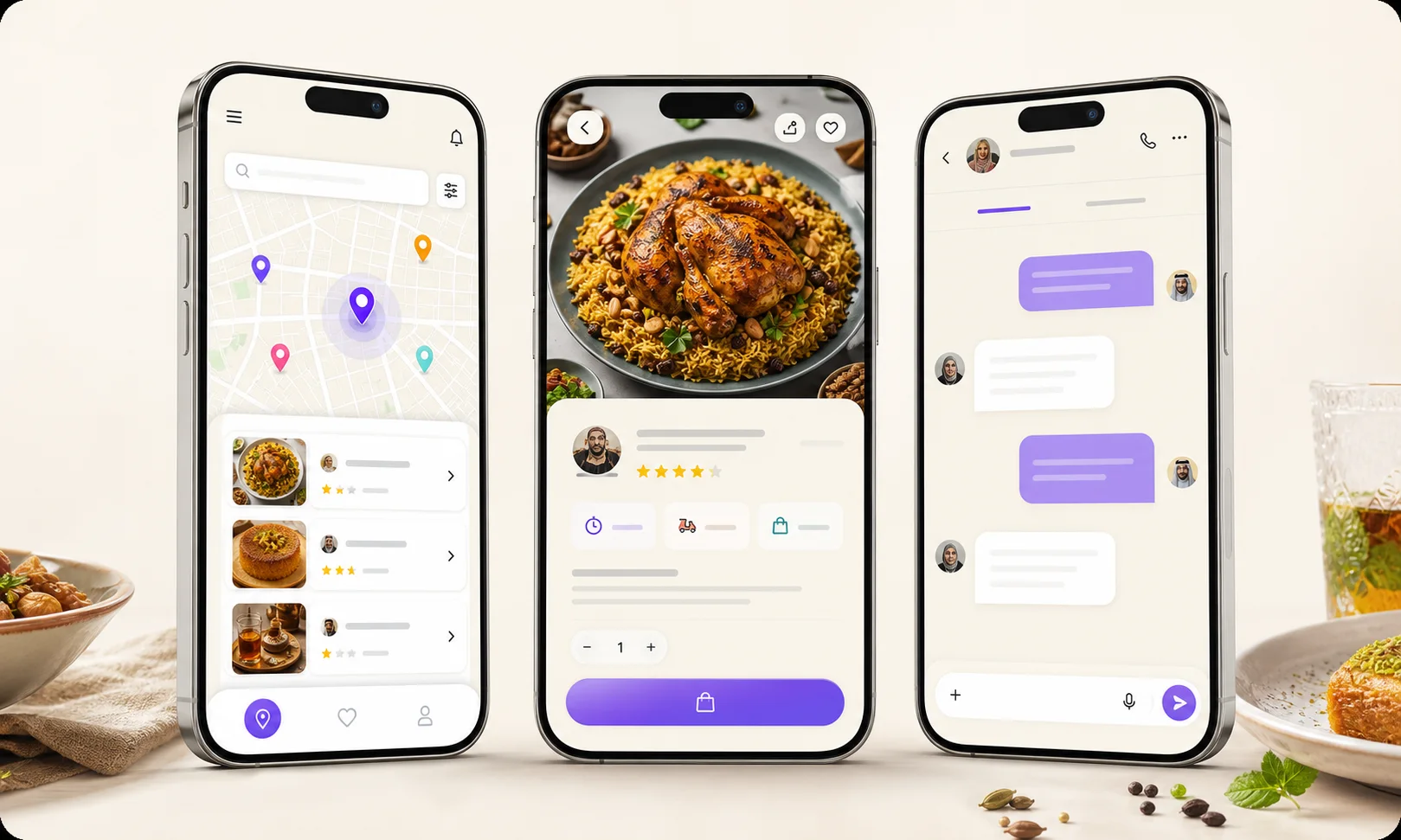 JarShare app screens showing nearby food discovery, meal details, and seller chat